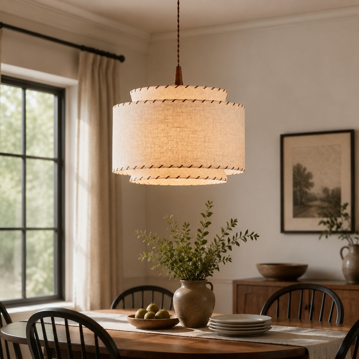 Hand-Stitched Linen Pendant Light
