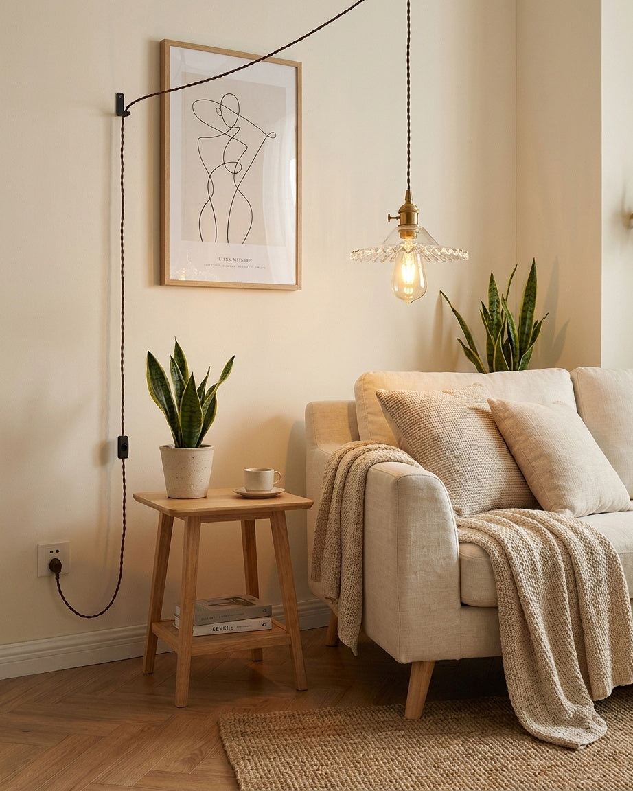 Plug-in-Hängeleuchte aus Glas und goldenem Metall mit Blattmotiv