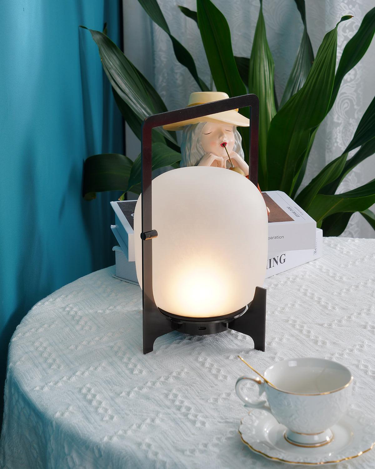 Black Lantern Table Lamp - Outdoor LED Light with Blown Glass Shade