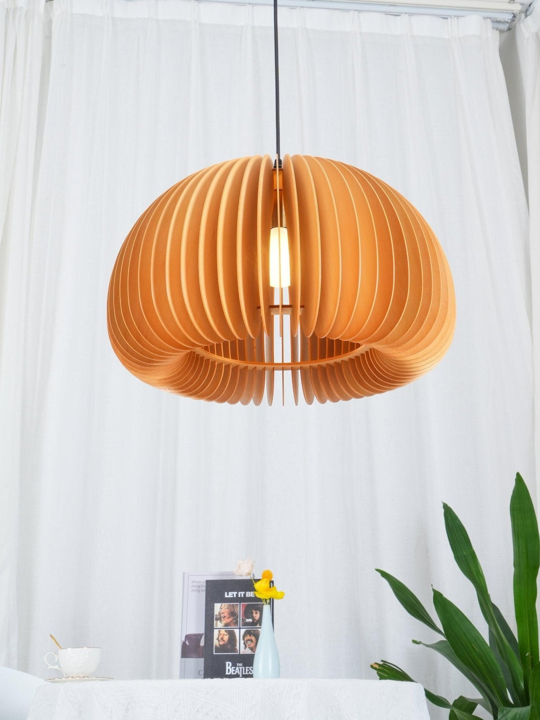 Rounded Wood Slat Swag Pendant Light