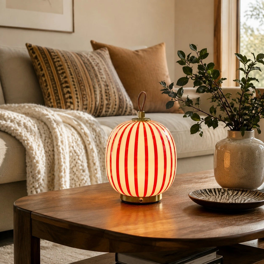 Red striped rechargeable glass lamp in a living room