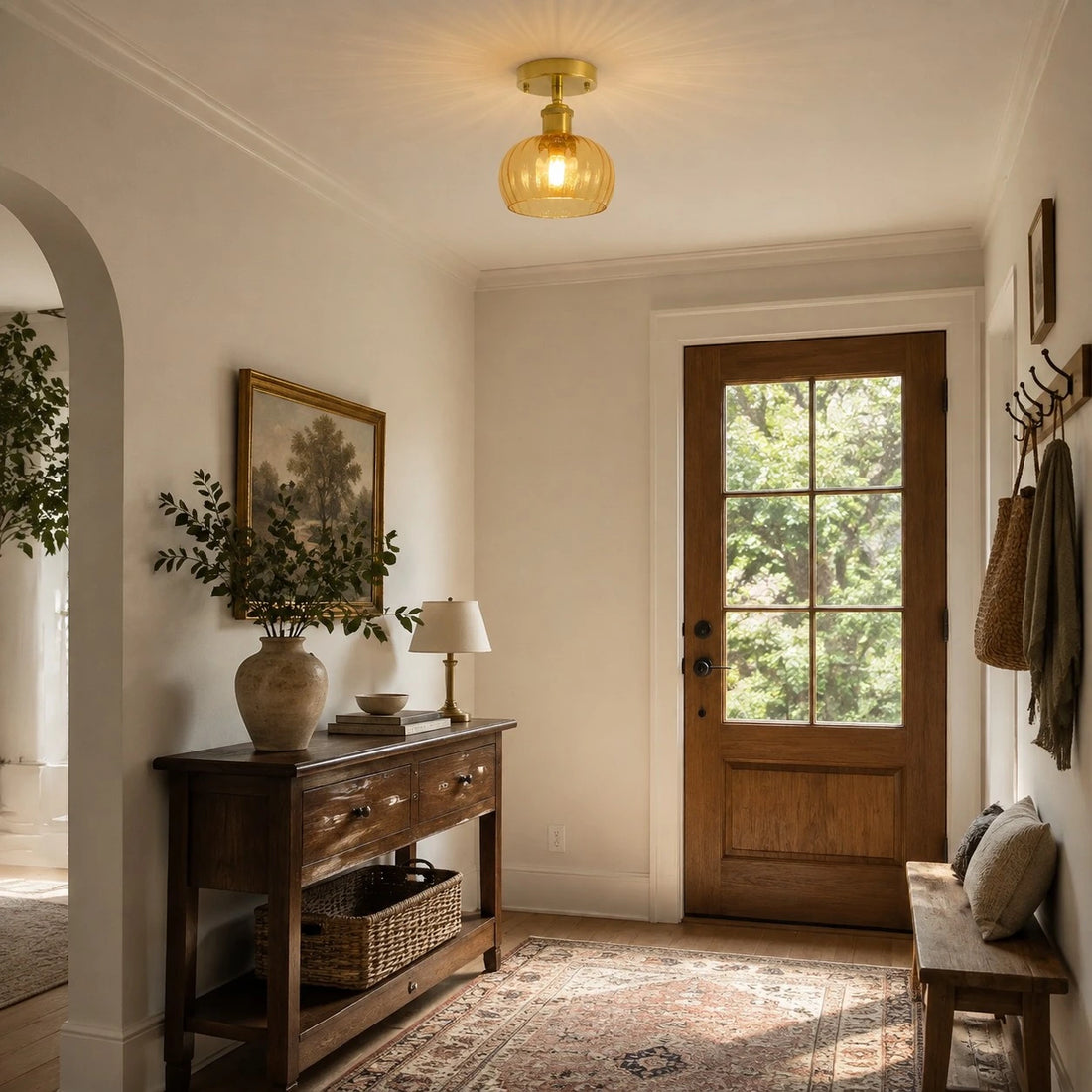 Cognac glass ceiling light in a warm foyer