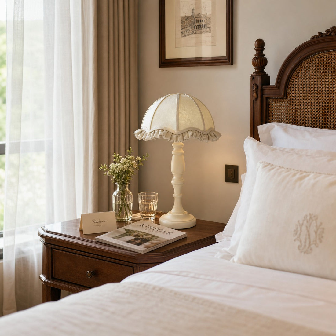 French country fabric table lamp styled beside a bed
