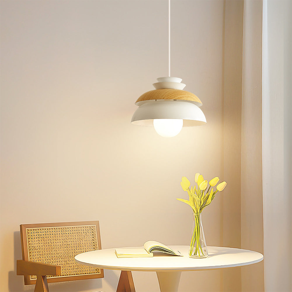 Modern Dome Pendant Light - Metal Wood Grain Fixture for Dining Room