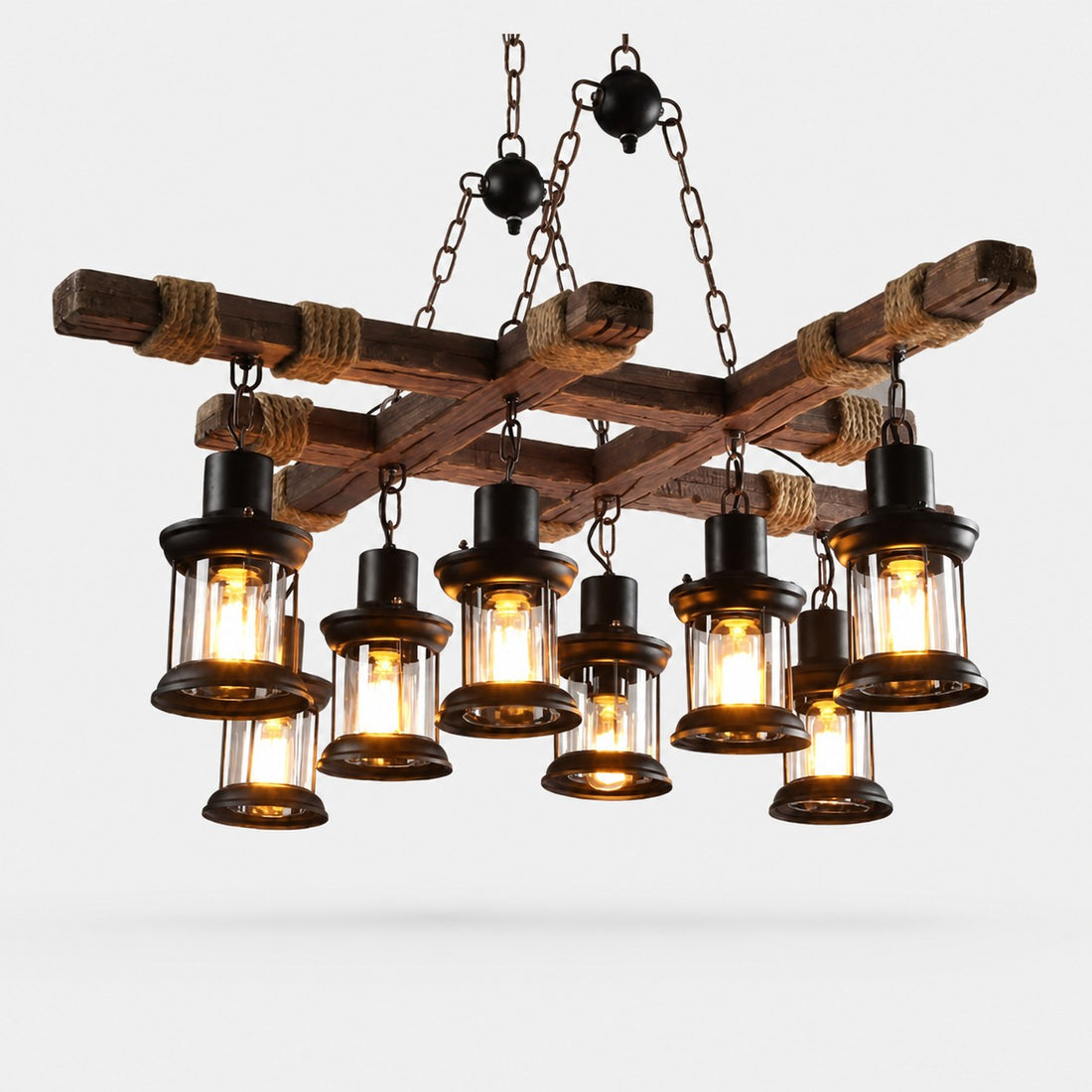 Rustic Wood Beam and Rope 8-Light Chandelier detail image 8