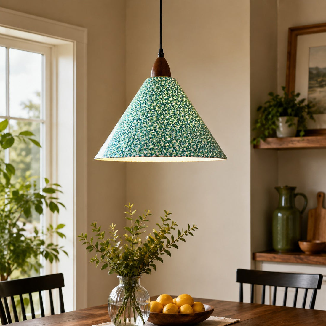 Clover floral pendant above wooden dining table by bright window