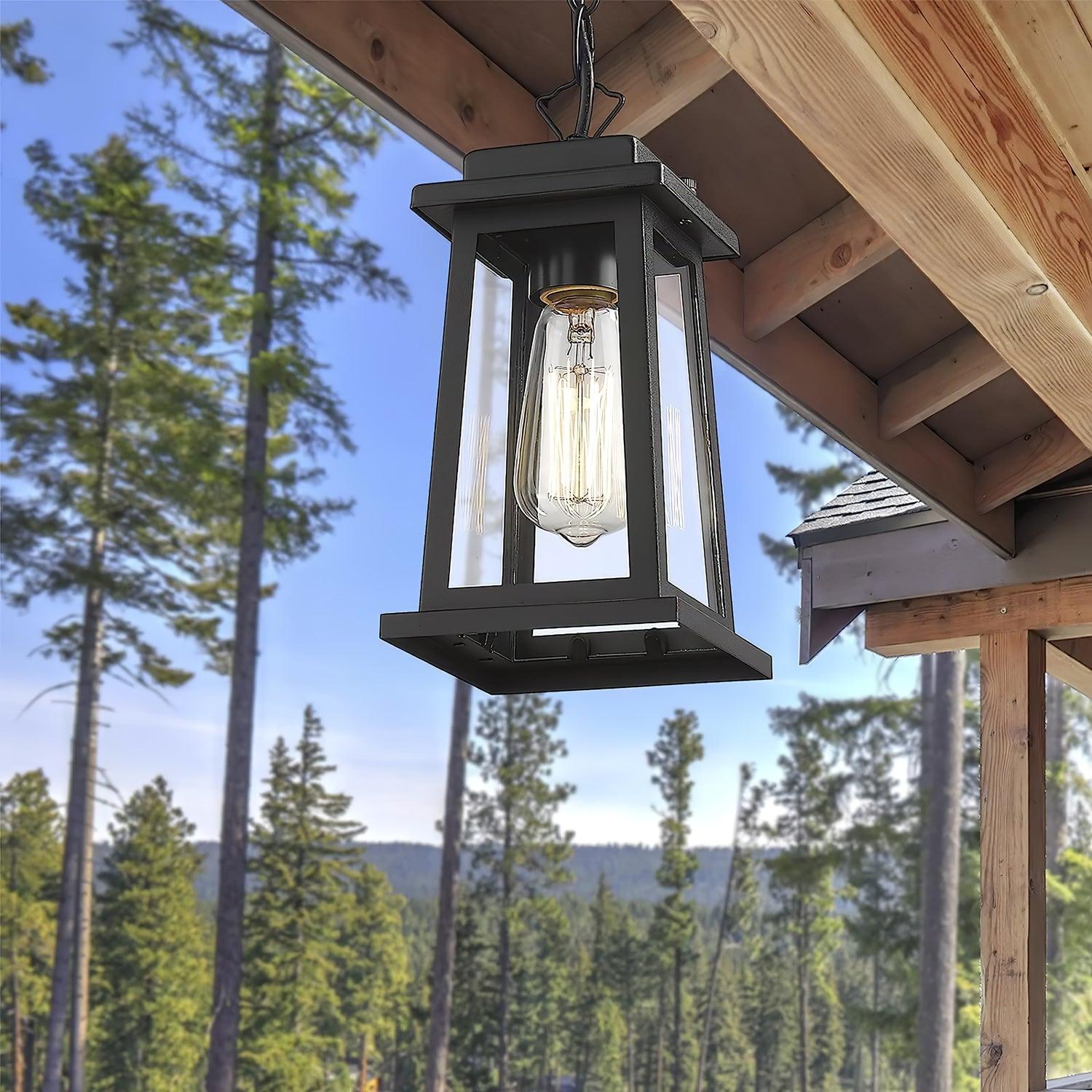 Outdoor Lantern Pendant Lamp -Timeless Design - Black Metal & Glass