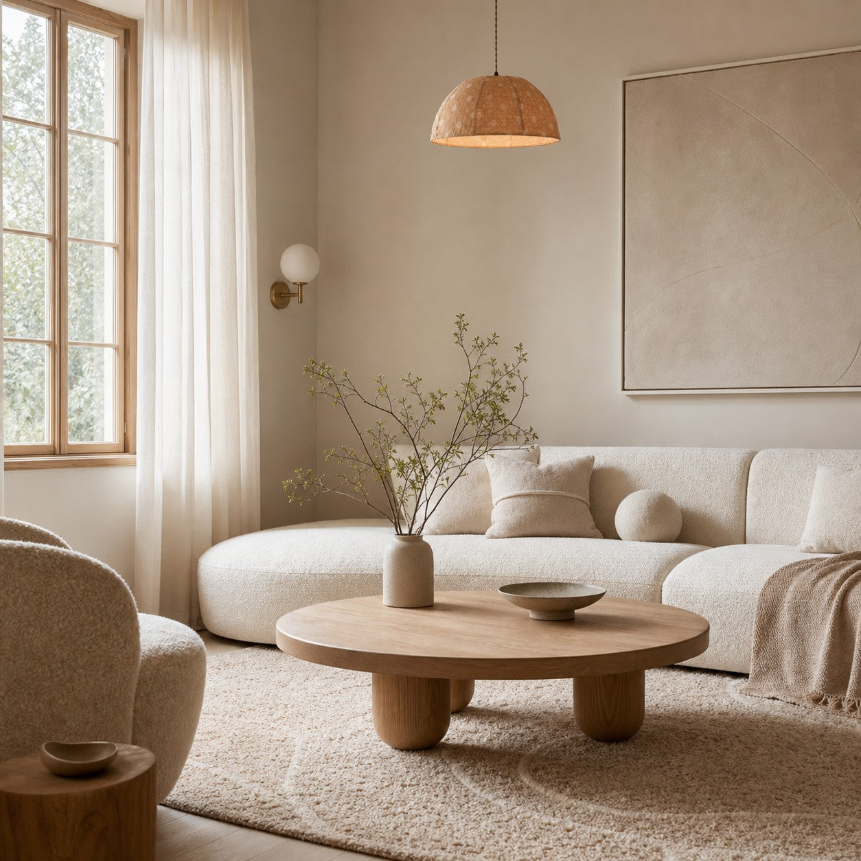 Polka dot linen pendant light in a bright natural living room