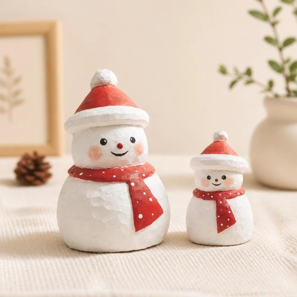 Two wooden snowman ornaments styled with holiday decor