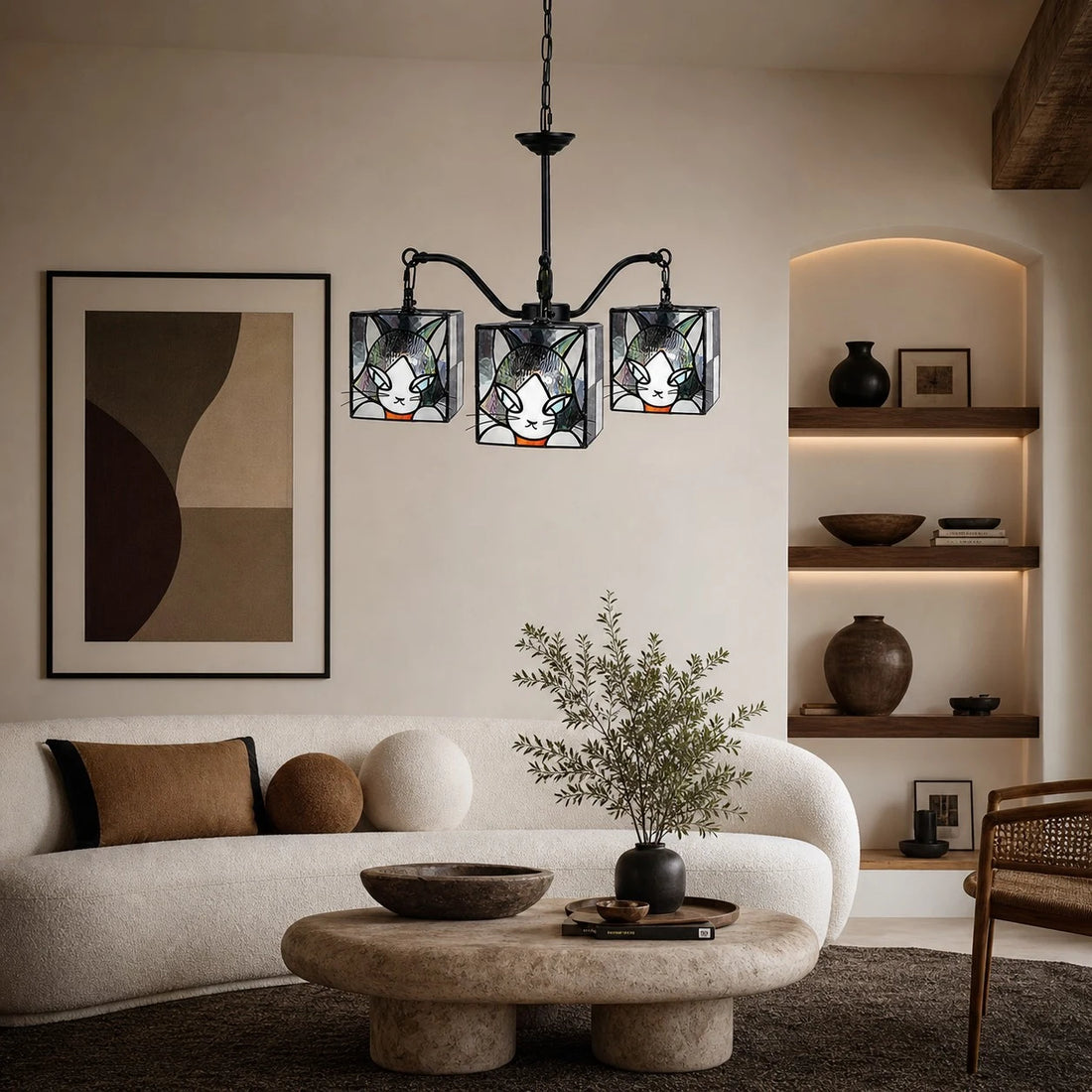 stained glass cat pendant light installed in a warm room