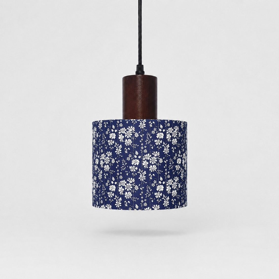 Blue floral patterned fabric drum pendant light, 16 cm shade