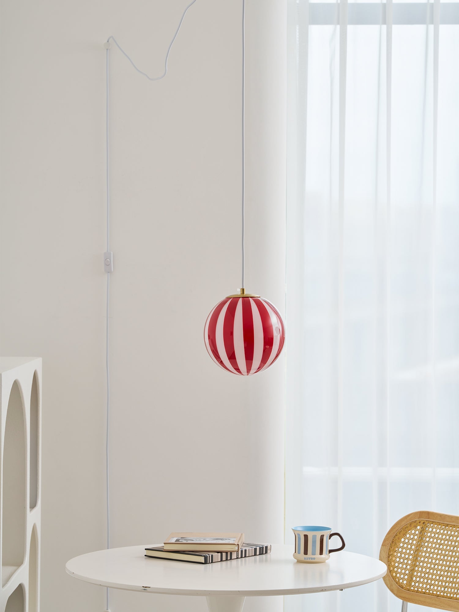 Red Striped Glass Globe Hardwired Pendant