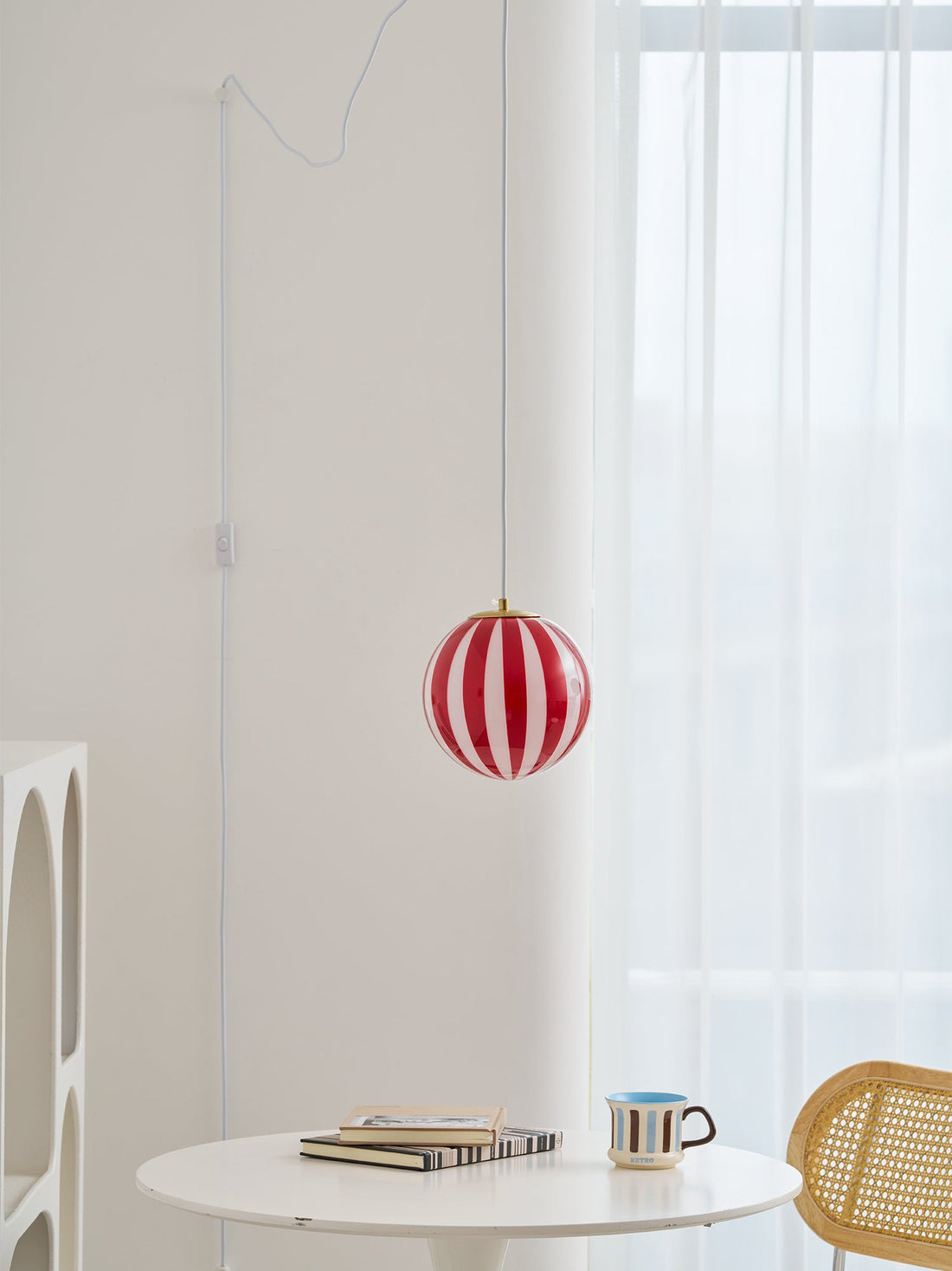 Red Striped Glass Globe Hardwired Pendant