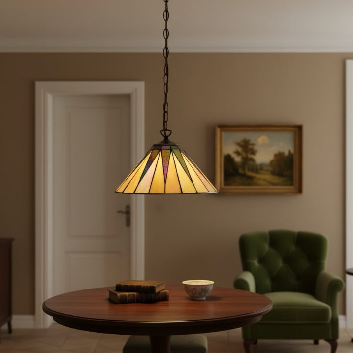 TF Dark Star Tiffany Pendant – Stained Glass Geometric Design Ceiling Light for Living Rooms