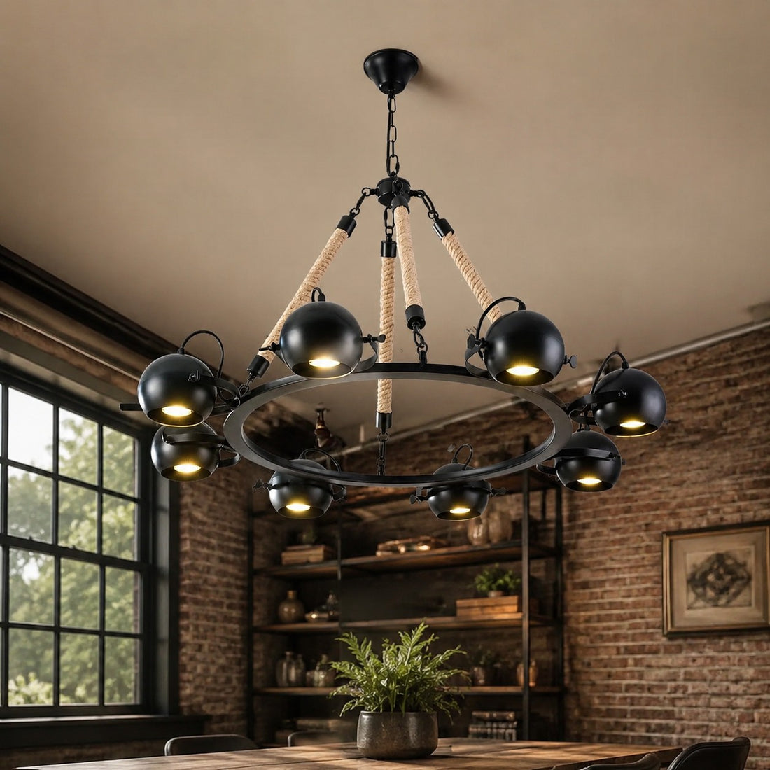 Industrial Rope Chandelier with Adjustable Rounded Heads