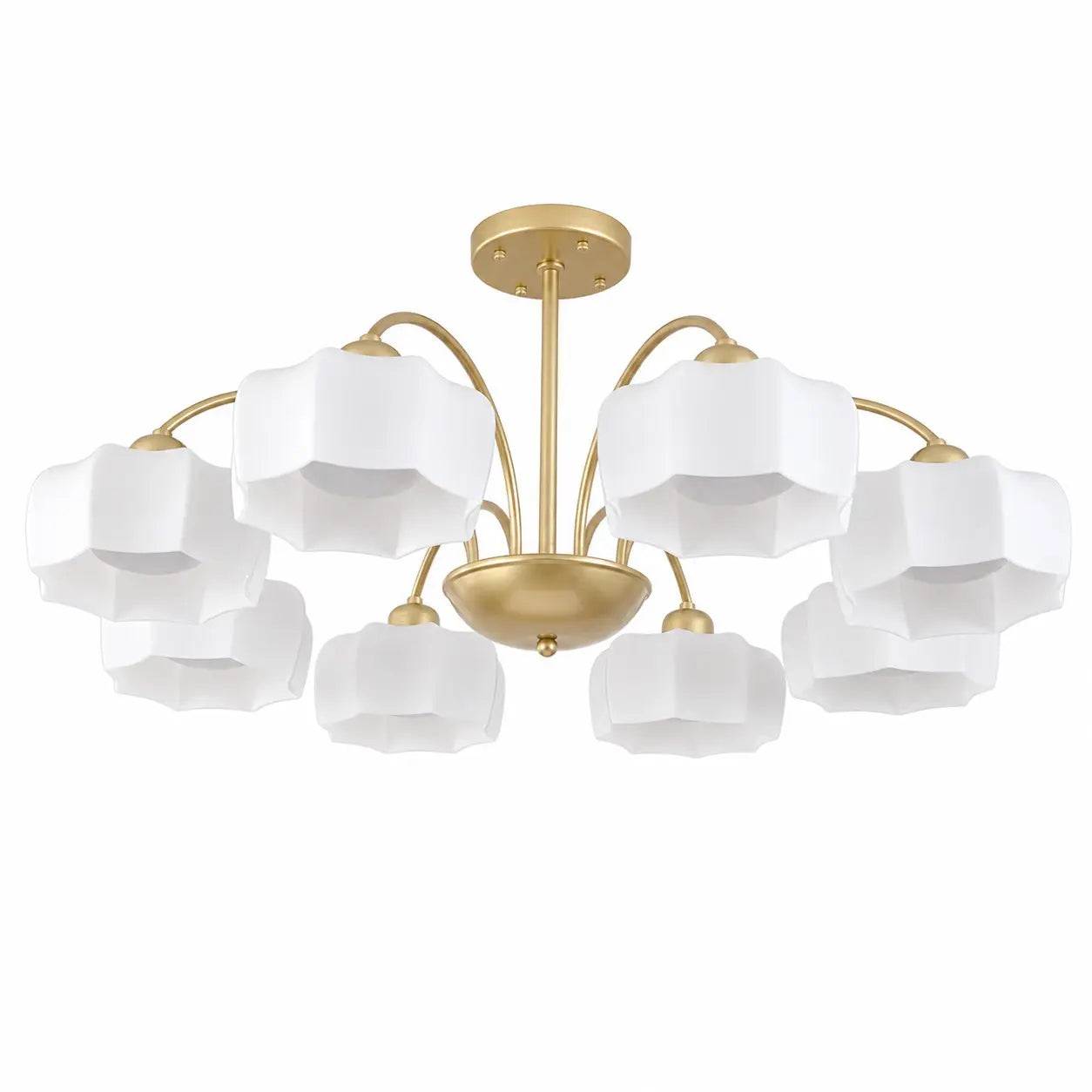 Gold and white 8-light chandelier on a white background