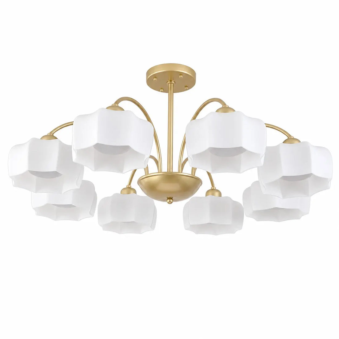 Gold and white 8-light chandelier on a white background