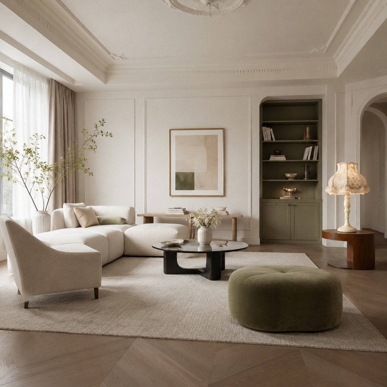 Cream fabric table lamp in a calm lounge corner