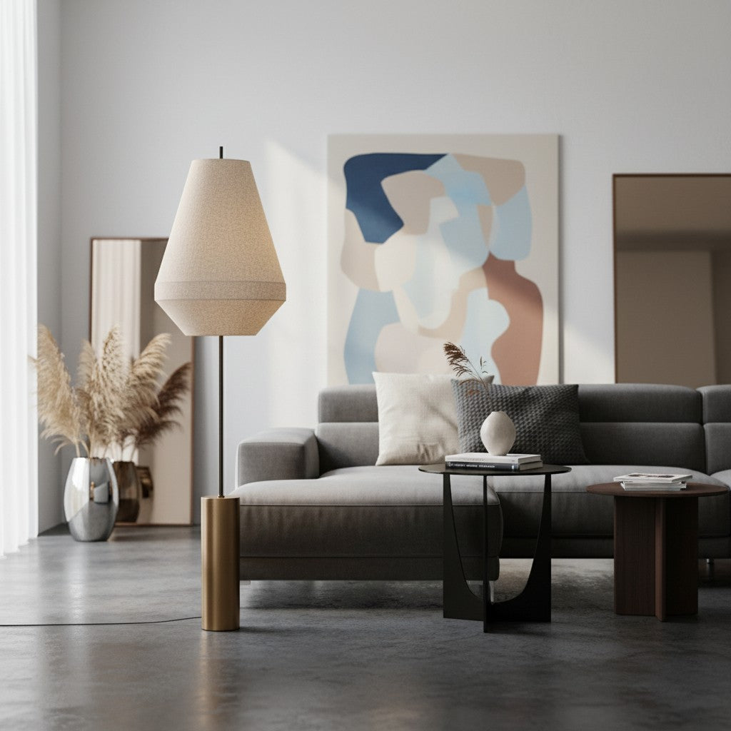 Zalen Floor Lamp - Layered Linen Pendant Design Aged Brass-Metal Lamp for Living Room