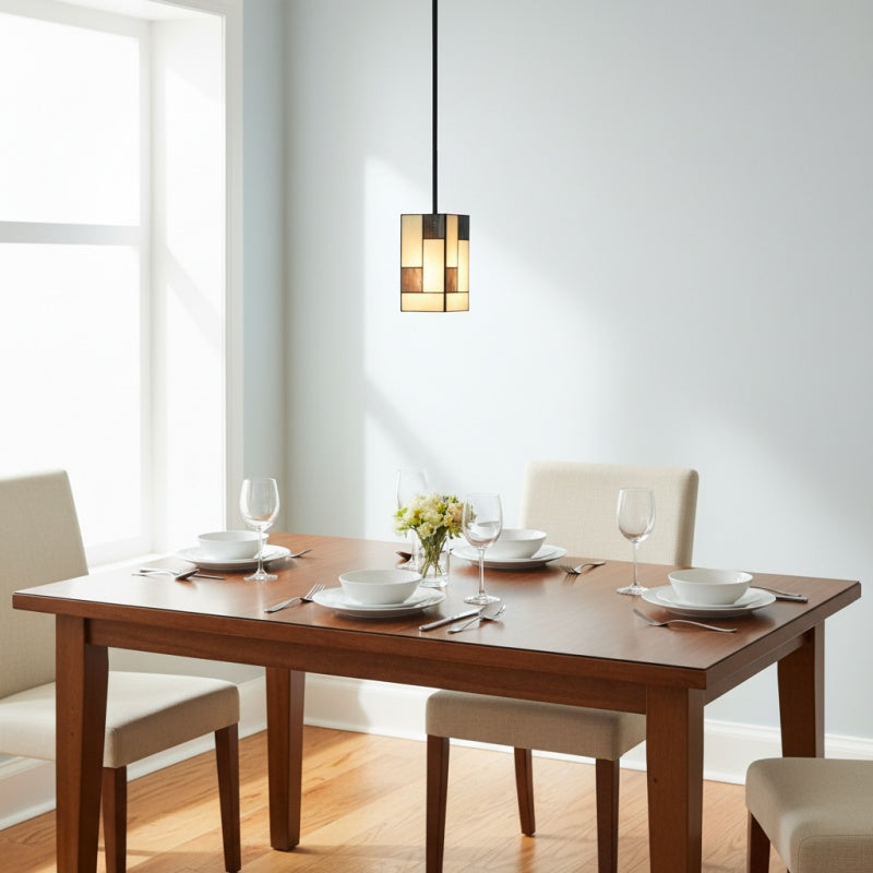 TF Manchester Art Deco Pendant Light – Geometric Stained-Glass Hanging Lamp for Living Room or Dining