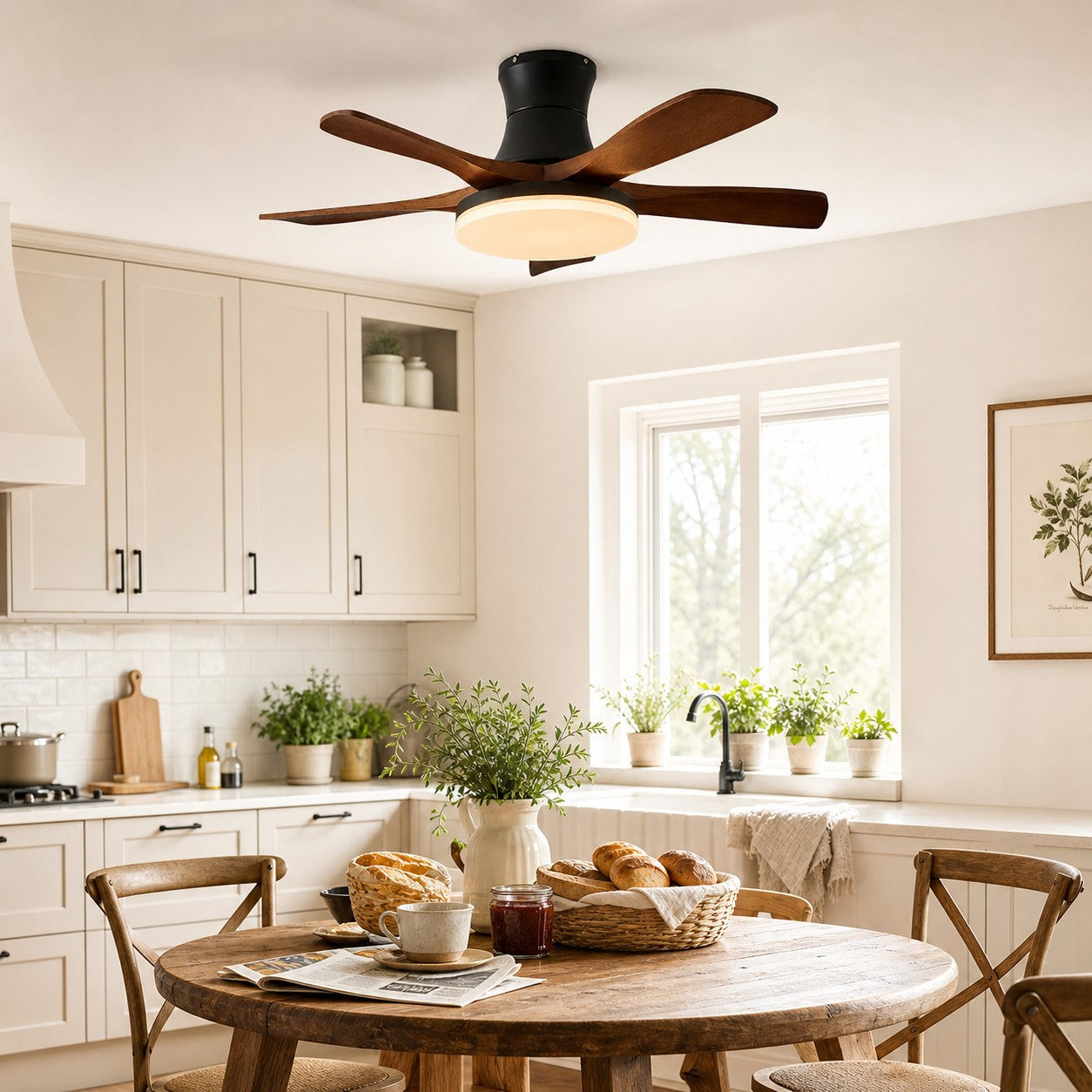 Black walnut ceiling fan light in a kitchen dining room