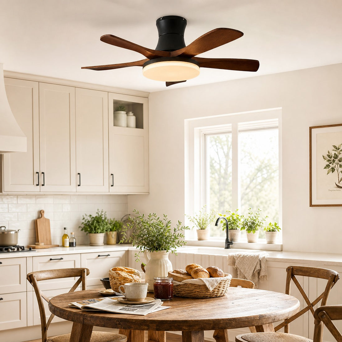 Black walnut ceiling fan light in a kitchen dining room