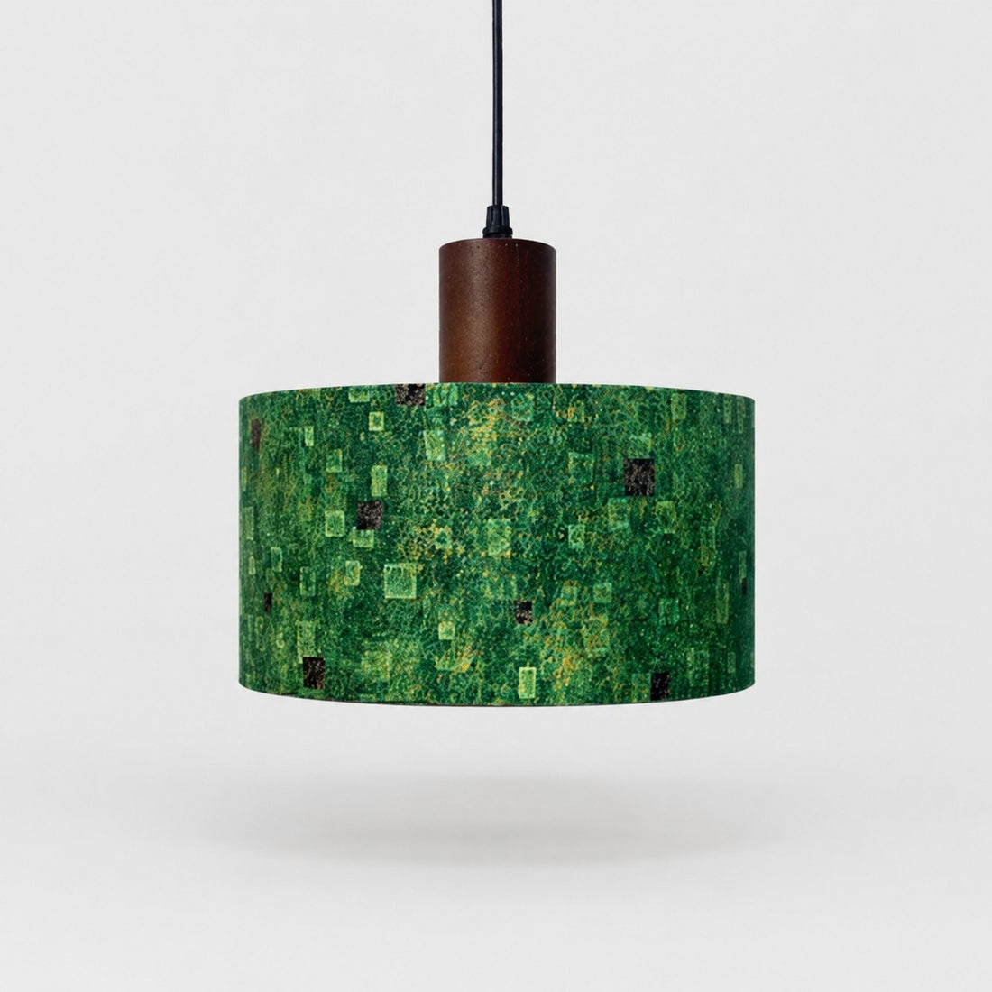 Green gilded patterned fabric drum pendant light, 25 cm shade