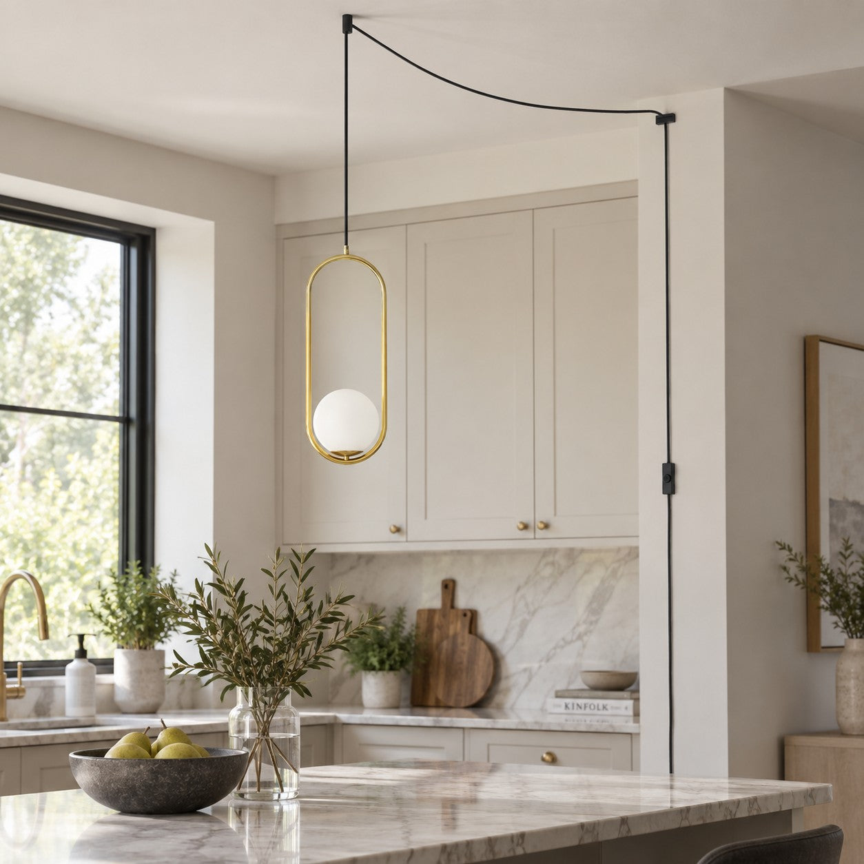 Pearl Glass Sphere Brass Plug-In Pendant