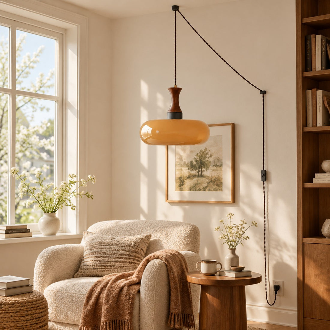 Skandinavische Pendelleuchte Velora im Landhausstil mit Stecker und Glasschirm