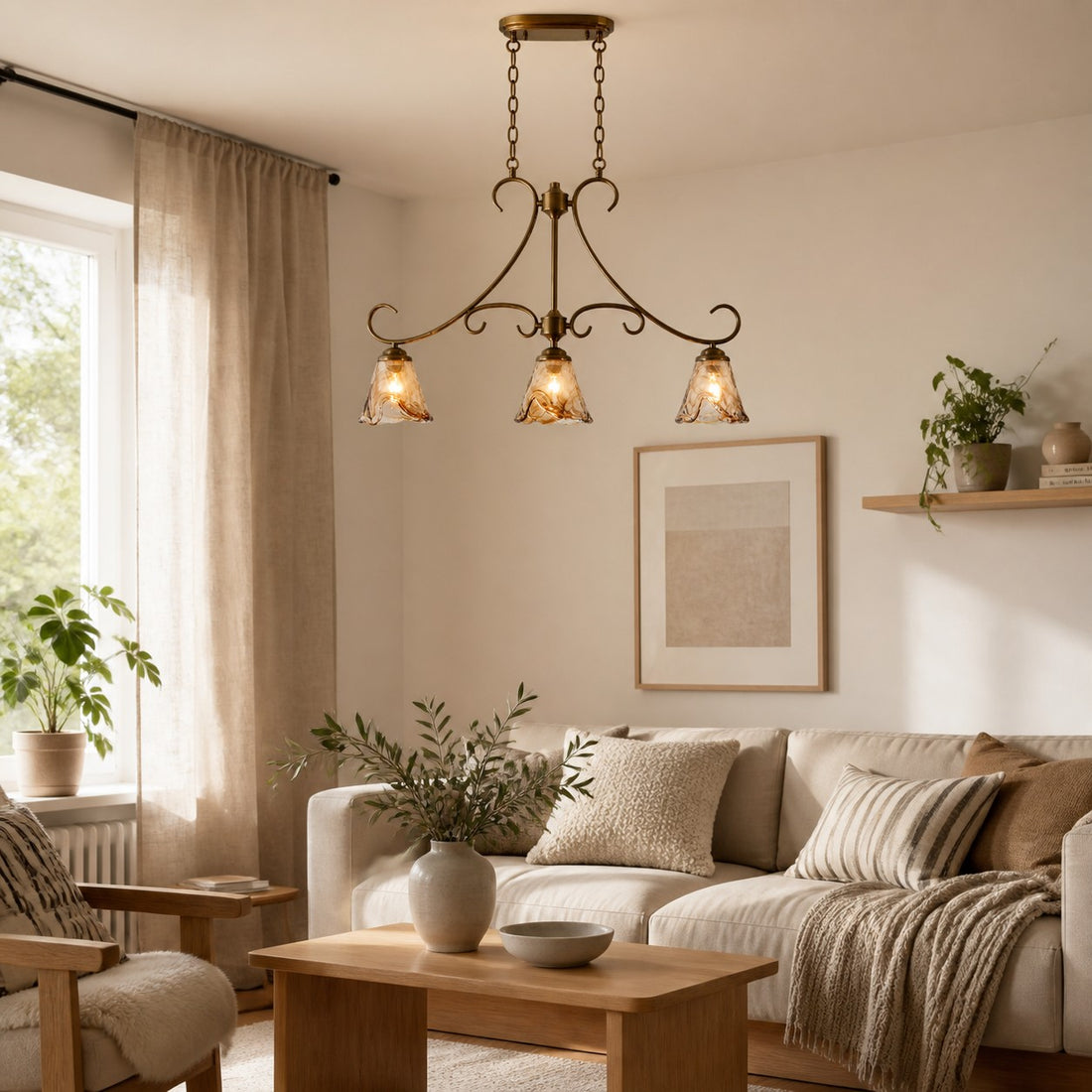 French Country Brass and Amber Glass Linear Chandelier