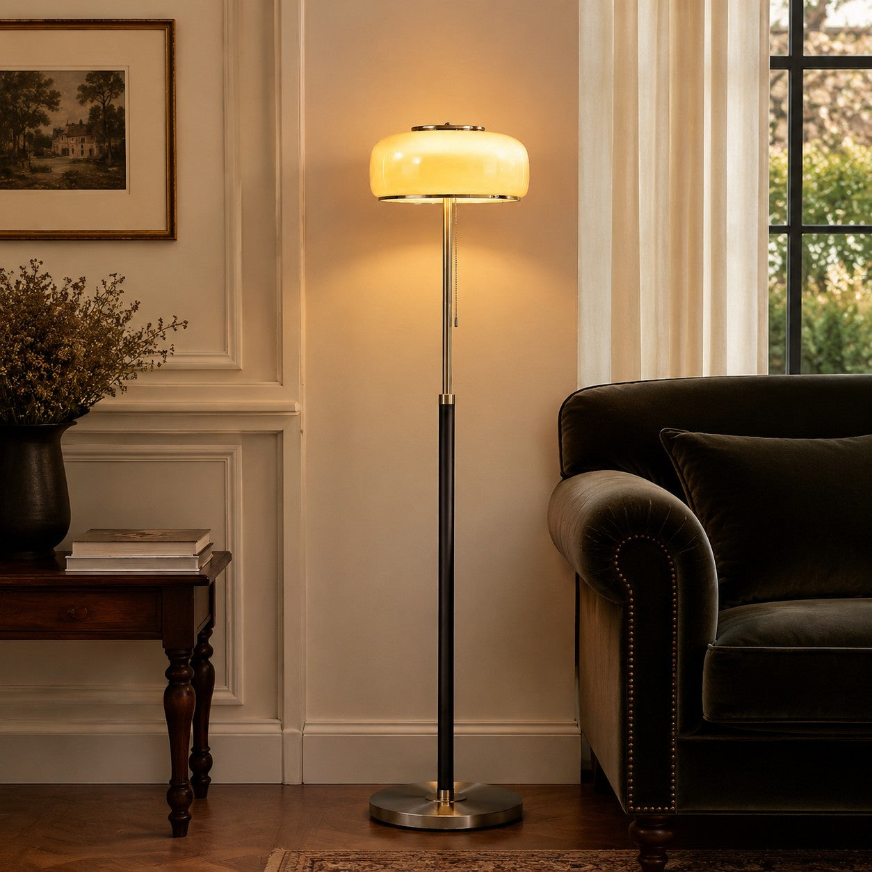 Bauhaus Glass Floor Lamp with Wood and Chrome Frame