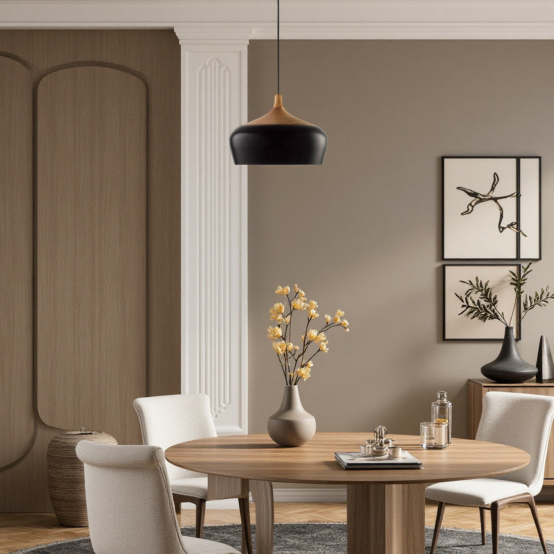 Minimalistische Pendelleuchte in Schalenform in Schwarz-Weiß