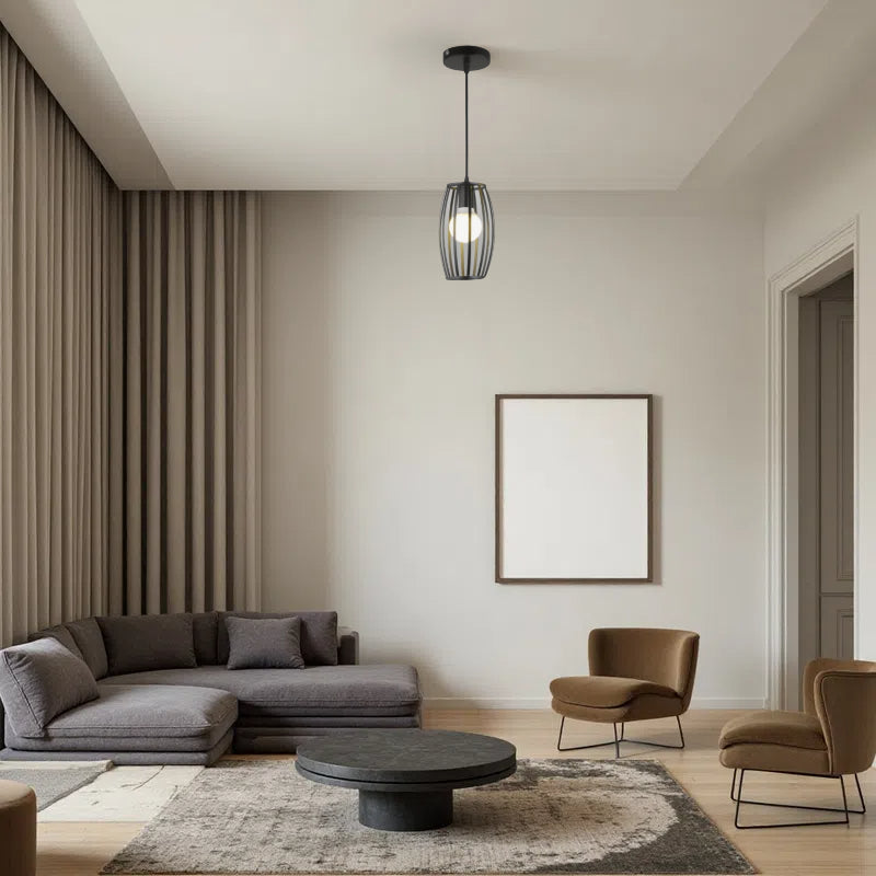 Striped Iron Drum Industrial Black Pendant Light