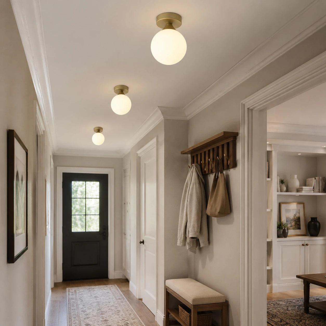 Vintage glass ceiling light in a warm hallway
