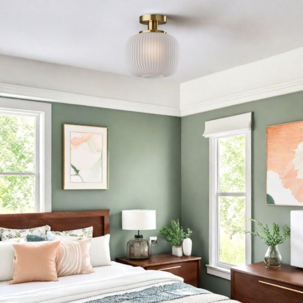 Pelviona Modern Ribbed Glass Pendant - Frosted & Brass Ceiling Light Add Timeless Charm to Your Space