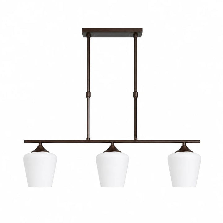 Strellux Coffee Brown linear chandelier with three white opal glass shades