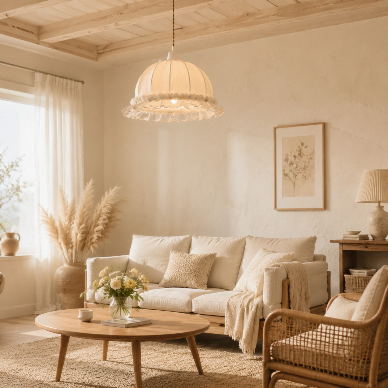 Pure white lace pendant lamp in a warm neutral living room