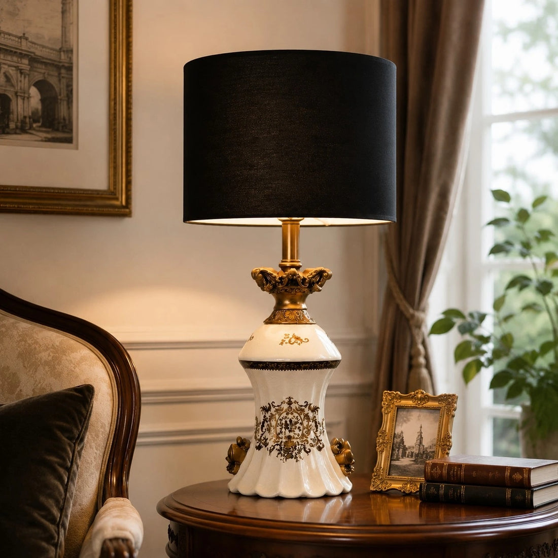Gold motif table lamp styled beside an upholstered chair