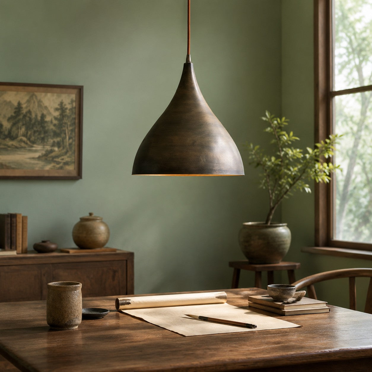 Aged brass pendant light over a dining table with soft daylight