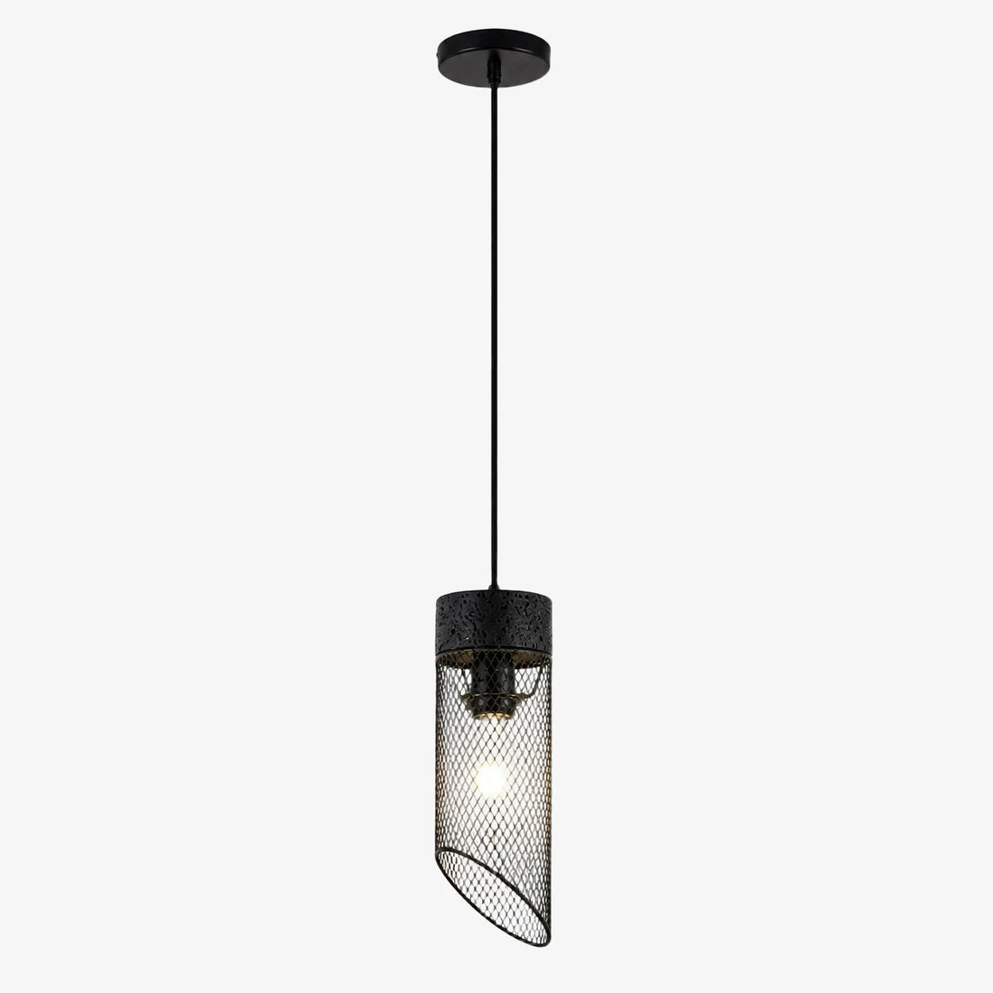 Black ordinary pendant light with mesh shade and stone top