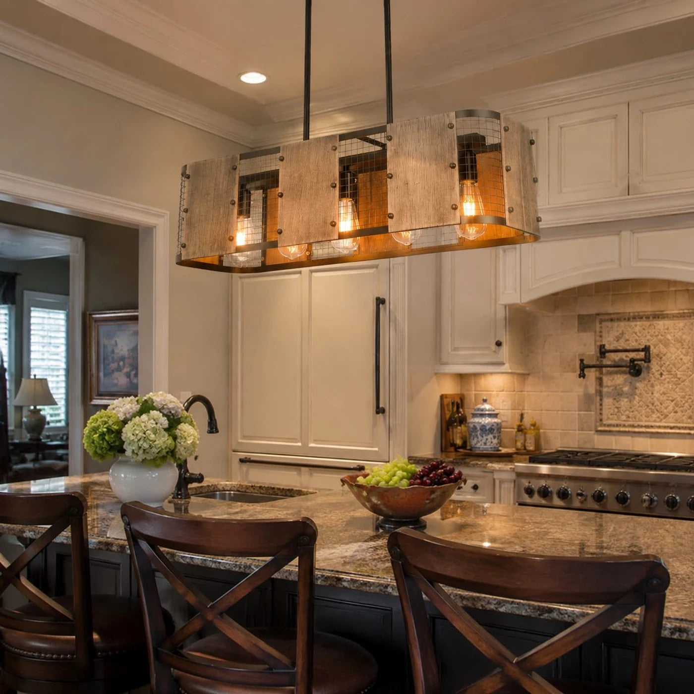 Linear pendant lamp installed above a kitchen island