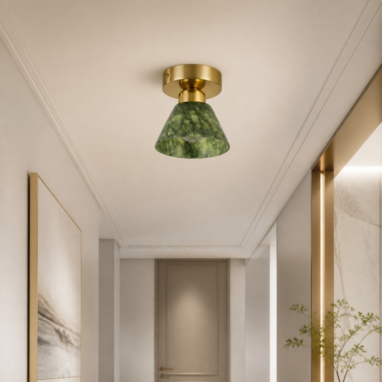 Green Jade and Brushed Brass Flush Mount Ceiling Light