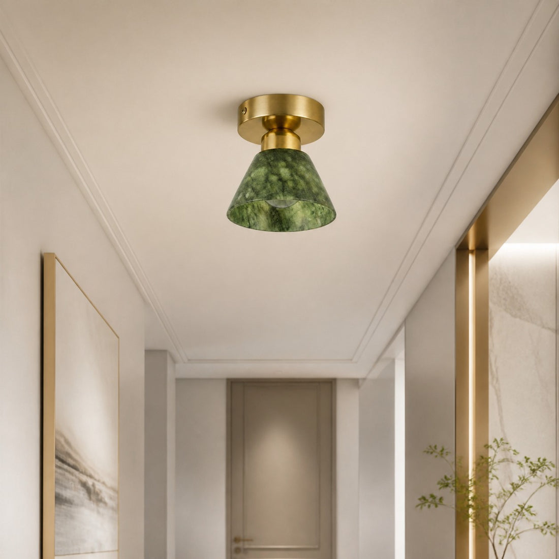 Green Jade and Brushed Brass Flush Mount Ceiling Light