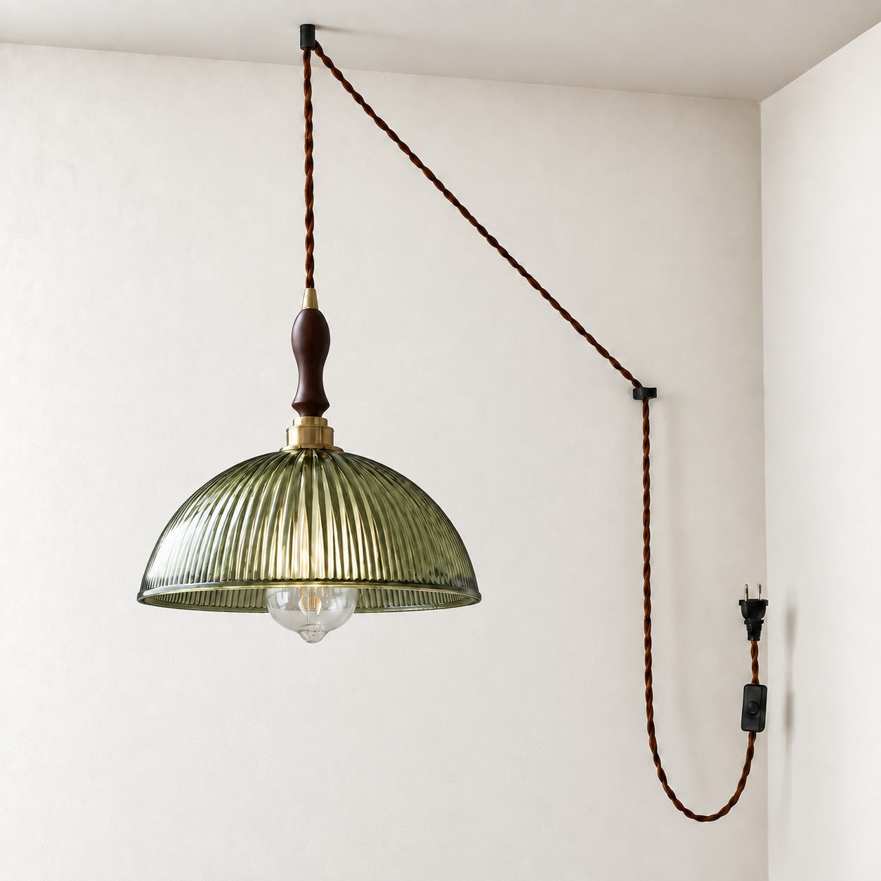 Vintage Ribbed Glass Shade Plug‑in Swag Pendant Light - Hanging Lamp for Dining and Living Room
