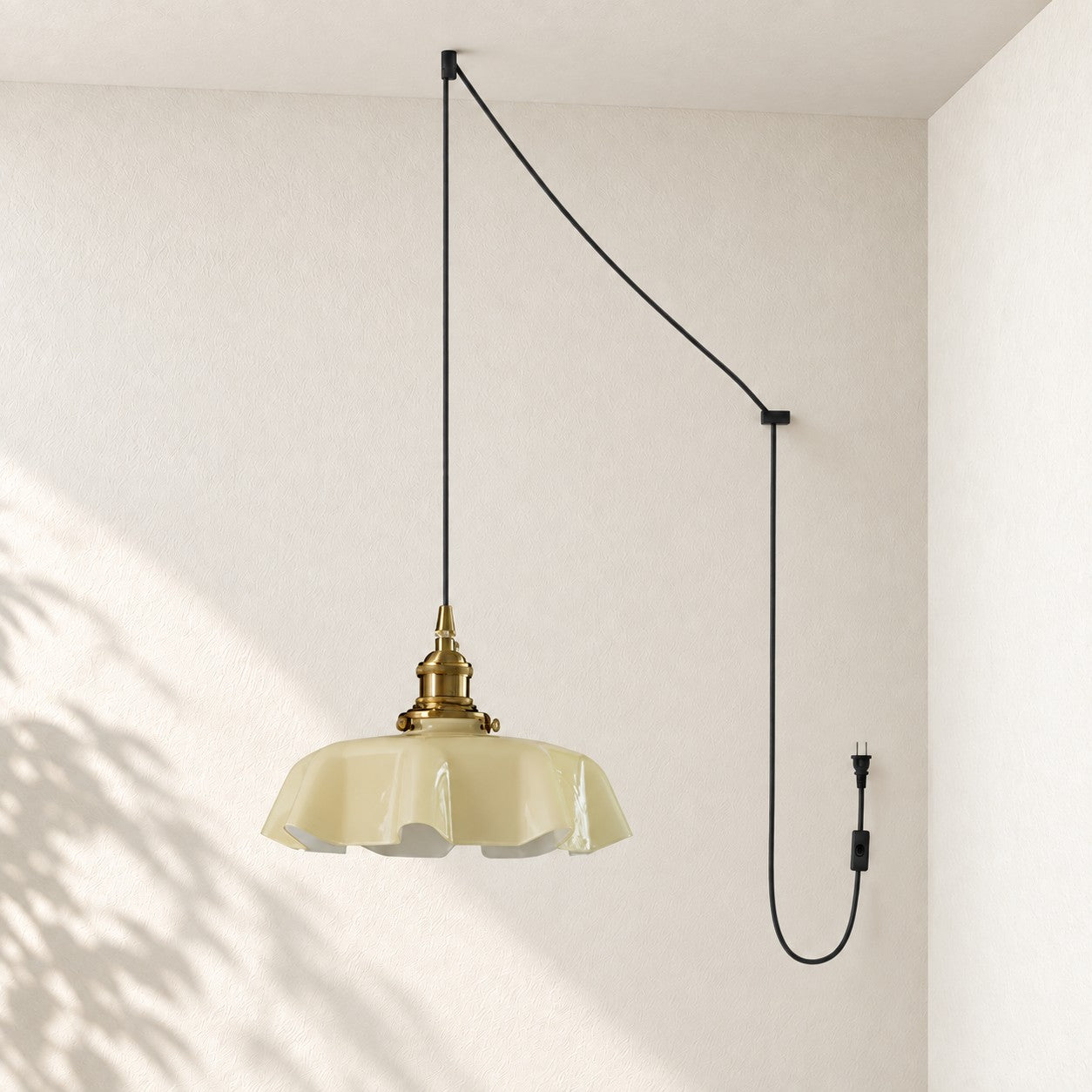 Pleated Glass Antique Brass Plug-In Swag Pendant