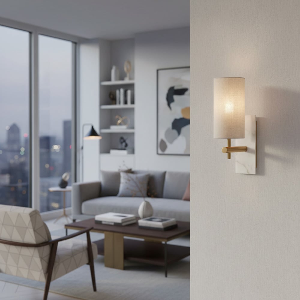 Vintage Brass Marble Wall Sconce - Natural Linen Shade