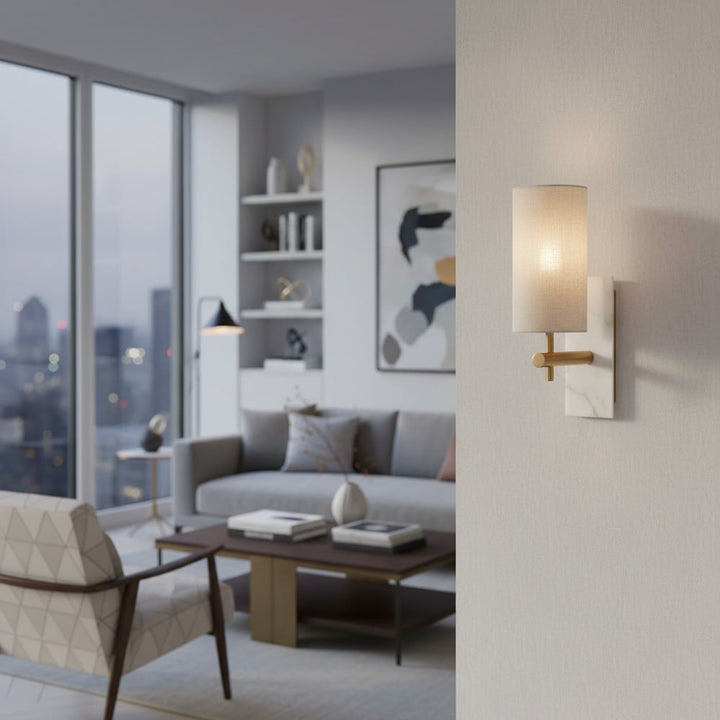 Vintage Brass Marble Wall Sconce - Natural Linen Shade