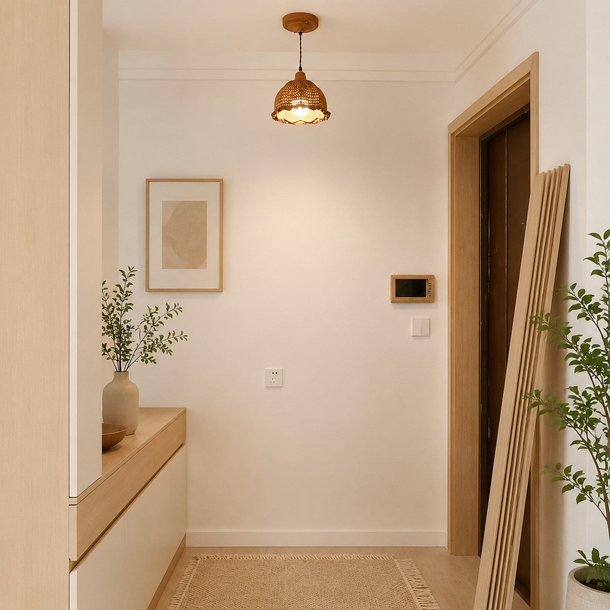 Natural woven pendant light installed in a warm entryway