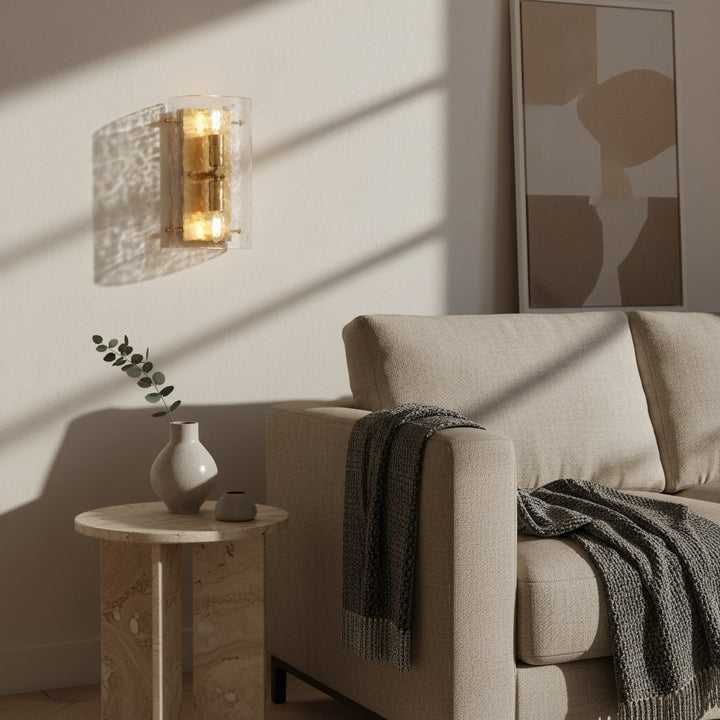 Panellux Modern Wall Fitting - Organic Textured Glass Panel Vintage Brass Look for Corridor