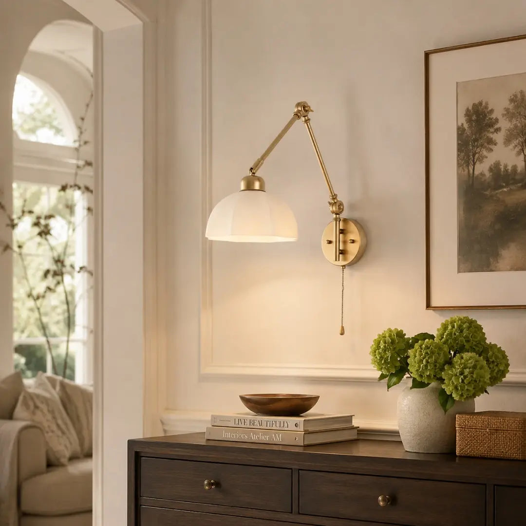 Swing arm wall lamp above a console